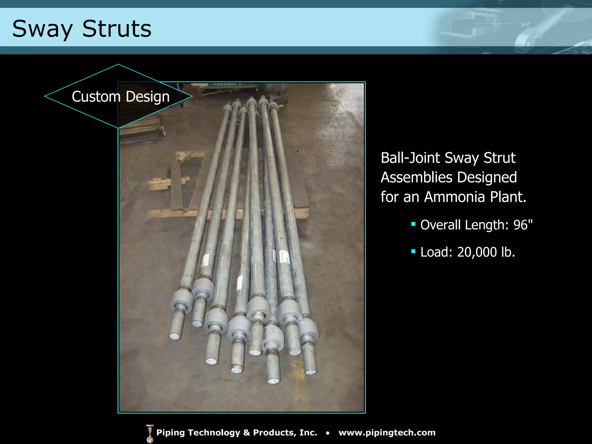 Sway Struts Ball-Joint Sway Strut Assemblies Designed for an Ammonia Plant. Overall Length: 96" Load: 20,000 lb. Custom Design 