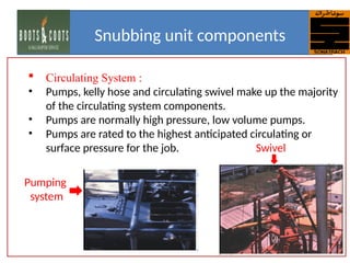  Circulating System :
• Pumps, kelly hose and circulating swivel make up the majority
of the circulating system components.
• Pumps are normally high pressure, low volume pumps.
• Pumps are rated to the highest anticipated circulating or
surface pressure for the job. Swivel
Snubbing unit components
Pumping
system
 