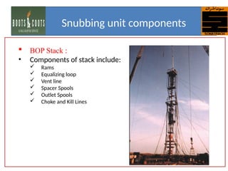  BOP Stack :
• Components of stack include:
 Rams
 Equalizing loop
 Vent line
 Spacer Spools
 Outlet Spools
 Choke and Kill Lines
Snubbing unit components
 