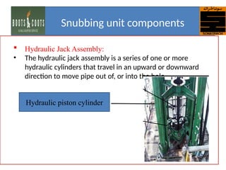  Hydraulic Jack Assembly:
• The hydraulic jack assembly is a series of one or more
hydraulic cylinders that travel in an upward or downward
direction to move pipe out of, or into the hole
Snubbing unit components
Hydraulic piston cylinder
 