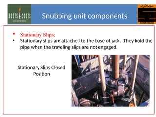  Stationary Slips:
• Stationary slips are attached to the base of jack. They hold the
pipe when the traveling slips are not engaged.
Snubbing unit components
Stationary Slips Closed
Position
 