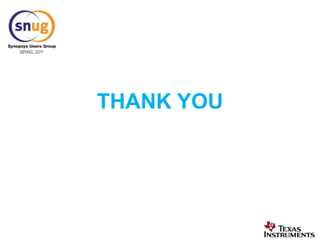 FPGA Flow To achieve best timing closure and fast turnaround time:Minimize design changes in the original RTL code for FPGAEducate RTL designers to write RTL “FPGA friendly” (e.g. add “ifdefs” in the RTL with extra pipe or changed clocks …)Participate in ASIC architecture from the start to understand how the FPGA can emulate the design betterScripts-based working flow to avoid editing bugs and faster turnaround time