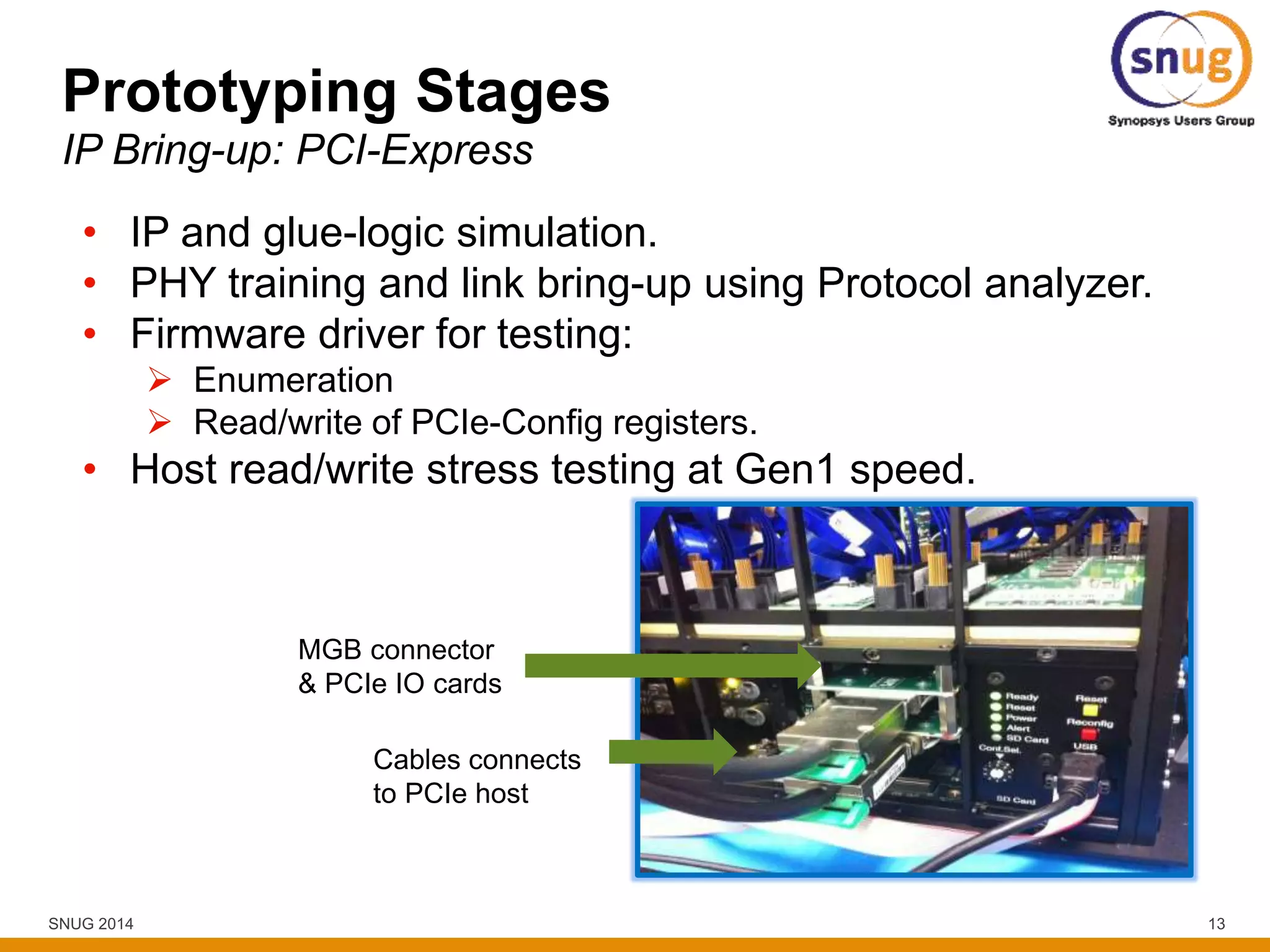 SNUG 2014 13
Prototyping Stages
IP Bring-up: PCI-Express
• IP and glue-logic simulation.
• PHY training and link bring-up using Protocol analyzer.
• Firmware driver for testing:
 Enumeration
 Read/write of PCIe-Config registers.
• Host read/write stress testing at Gen1 speed.
MGB connector
& PCIe IO cards
Cables connects
to PCIe host
 