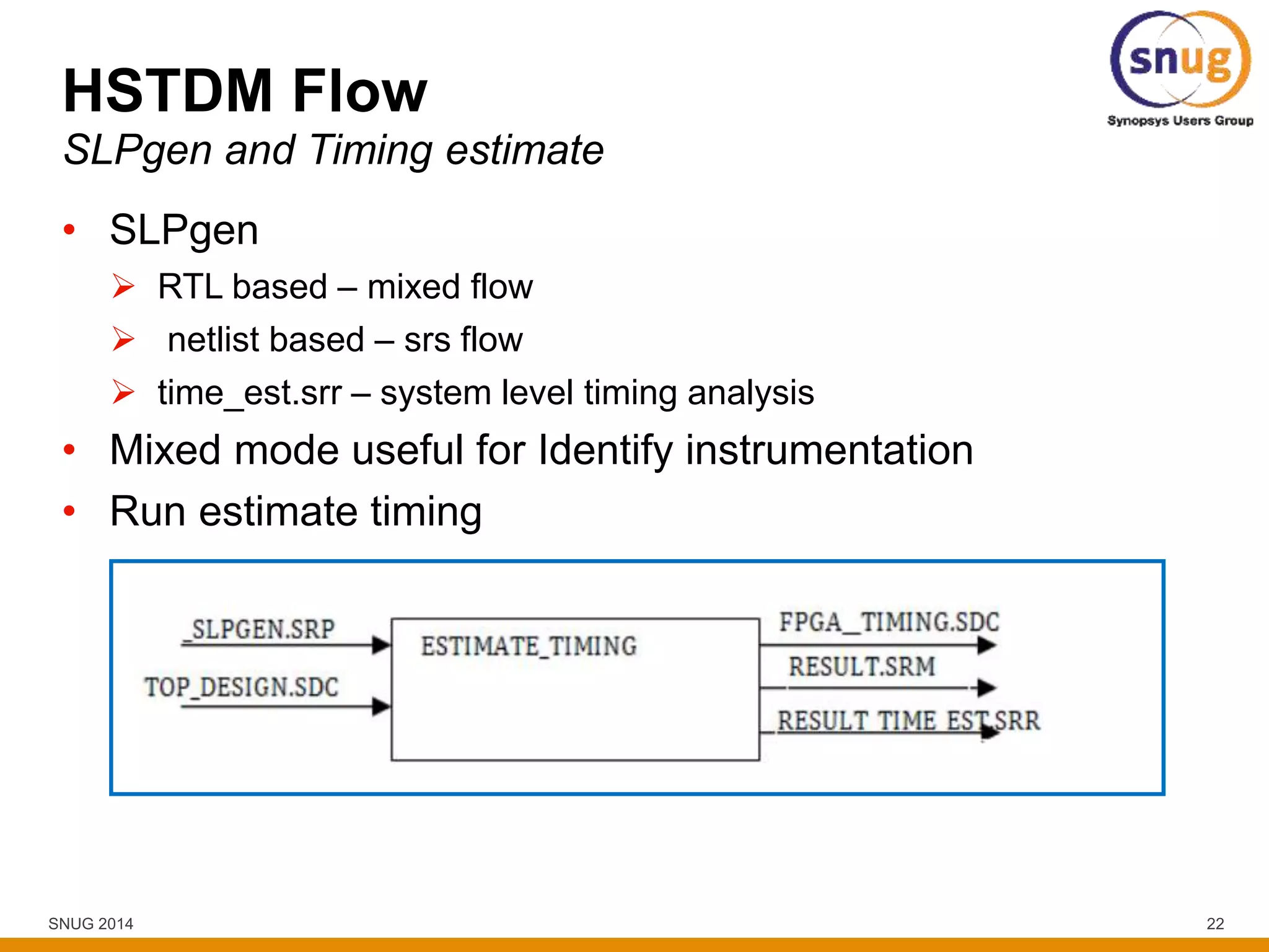 SNUG 2014 22
HSTDM Flow
• SLPgen
 RTL based – mixed flow
 netlist based – srs flow
 time_est.srr – system level timing analysis
• Mixed mode useful for Identify instrumentation
• Run estimate timing
SLPgen and Timing estimate
 