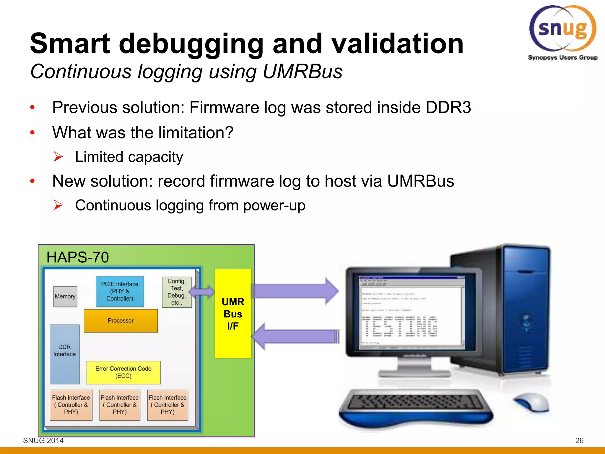 SNUG 2014 26
HAPS-70
Smart debugging and validation
• Previous solution: Firmware log was stored inside DDR3
• What was the limitation?
 Limited capacity
• New solution: record firmware log to host via UMRBus
 Continuous logging from power-up
Continuous logging using UMRBus
UMR
Bus
I/F
 