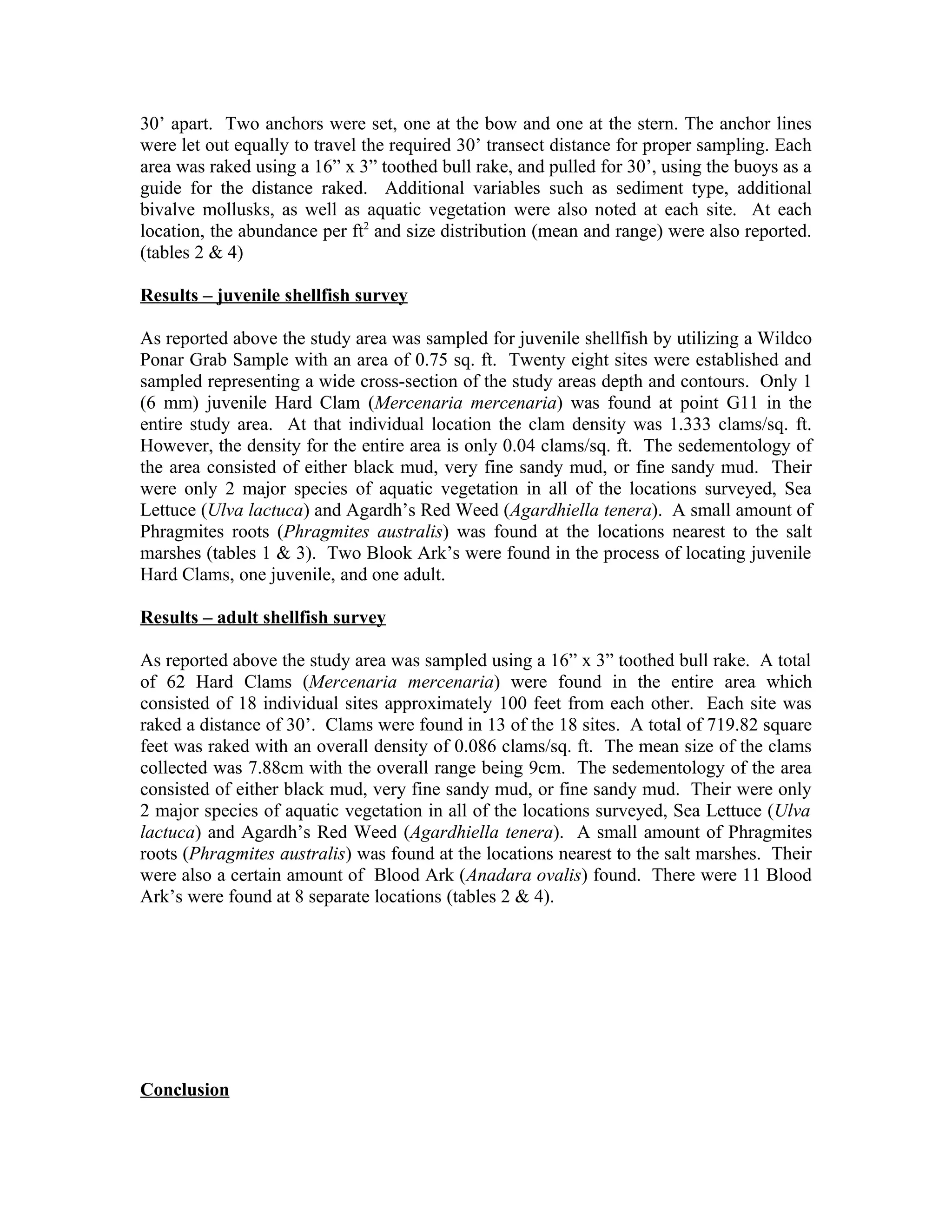 30’ apart. Two anchors were set, one at the bow and one at the stern. The anchor lines
were let out equally to travel the required 30’ transect distance for proper sampling. Each
area was raked using a 16” x 3” toothed bull rake, and pulled for 30’, using the buoys as a
guide for the distance raked. Additional variables such as sediment type, additional
bivalve mollusks, as well as aquatic vegetation were also noted at each site. At each
location, the abundance per ft2 and size distribution (mean and range) were also reported.
(tables 2 & 4)

Results – juvenile shellfish survey

As reported above the study area was sampled for juvenile shellfish by utilizing a Wildco
Ponar Grab Sample with an area of 0.75 sq. ft. Twenty eight sites were established and
sampled representing a wide cross-section of the study areas depth and contours. Only 1
(6 mm) juvenile Hard Clam (Mercenaria mercenaria) was found at point G11 in the
entire study area. At that individual location the clam density was 1.333 clams/sq. ft.
However, the density for the entire area is only 0.04 clams/sq. ft. The sedementology of
the area consisted of either black mud, very fine sandy mud, or fine sandy mud. Their
were only 2 major species of aquatic vegetation in all of the locations surveyed, Sea
Lettuce (Ulva lactuca) and Agardh’s Red Weed (Agardhiella tenera). A small amount of
Phragmites roots (Phragmites australis) was found at the locations nearest to the salt
marshes (tables 1 & 3). Two Blook Ark’s were found in the process of locating juvenile
Hard Clams, one juvenile, and one adult.

Results – adult shellfish survey

As reported above the study area was sampled using a 16” x 3” toothed bull rake. A total
of 62 Hard Clams (Mercenaria mercenaria) were found in the entire area which
consisted of 18 individual sites approximately 100 feet from each other. Each site was
raked a distance of 30’. Clams were found in 13 of the 18 sites. A total of 719.82 square
feet was raked with an overall density of 0.086 clams/sq. ft. The mean size of the clams
collected was 7.88cm with the overall range being 9cm. The sedementology of the area
consisted of either black mud, very fine sandy mud, or fine sandy mud. Their were only
2 major species of aquatic vegetation in all of the locations surveyed, Sea Lettuce (Ulva
lactuca) and Agardh’s Red Weed (Agardhiella tenera). A small amount of Phragmites
roots (Phragmites australis) was found at the locations nearest to the salt marshes. Their
were also a certain amount of Blood Ark (Anadara ovalis) found. There were 11 Blood
Ark’s were found at 8 separate locations (tables 2 & 4).




Conclusion
 