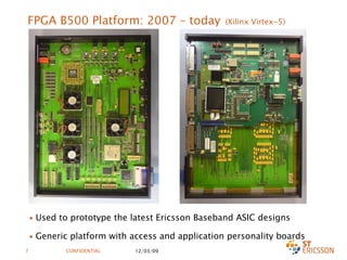 FPGA B500 Platform: 2007 – today   (Xilinx Virtex-5) Used to prototype the latest Ericsson Baseband ASIC designs Generic platform with access and application personality boards 