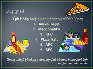 • Ո՞րն է ձեր նախընտրած արագ սննդի կետը:
                1. Ташир Пицца
               2. Macdonald’s
                    3. KFC
                 4. Pizza Hatt
                    5. AFC
                    6. SFC

Արագ սննդի կետերը դասավորված են ըստ հարցվողների
                              նախապատվության::
 