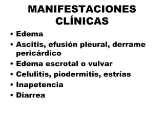 MANIFESTACIONES
CLÍNICAS
• Edema
• Ascitis, efusión pleural, derrame
pericárdico
• Edema escrotal o vulvar
• Celulitis, piodermitis, estrías
• Inapetencia
• Diarrea
 