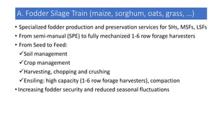 A. Fodder Silage Train (maize, sorghum, oats, grass, …)
• Specialized fodder production and preservation services for SHs, MSFs, LSFs
• From semi-manual (SPE) to fully mechanized 1-6 row forage harvesters
• From Seed to Feed:
Soil management
Crop management
Harvesting, chopping and crushing
Ensiling: high capacity (1-6 row forage harvesters), compaction
• Increasing fodder security and reduced seasonal fluctuations
 