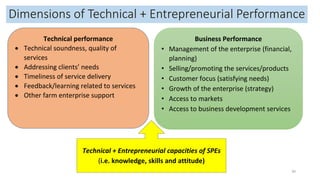 Dimensions of Technical + Entrepreneurial Performance
30
Technical performance
 Technical soundness, quality of
services
 Addressing clients’ needs
 Timeliness of service delivery
 Feedback/learning related to services
 Other farm enterprise support
Business Performance
• Management of the enterprise (financial,
planning)
• Selling/promoting the services/products
• Customer focus (satisfying needs)
• Growth of the enterprise (strategy)
• Access to markets
• Access to business development services
Technical + Entrepreneurial capacities of SPEs
(i.e. knowledge, skills and attitude)
 