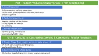Part I. Fodder Production/Supply Chain – From Seed to Feed
A. Crop Production
C. Fodder Preservation
Soil management and land preparation
Quality seeds, plant population, calibration, fertilization
Crop management
Optimize quality, reduce losses
Maximize daily fodder intake
A. Fodder Silage Train (maize, sorghum, oats, grass, …)
B. Commercializing Silage: Bales
Part II. Agricultural Contracting Services & Commercial Fodder Producers
SPE Youth-led Service Provider Enterprises
Mechanized Fodder Trains
Mechanized silage baling services (maize, sorghum, oats, grass)
B. Pasture management
Weeding, seeding and fertilisation
Grazing regime and rotation
Cut and carry
 