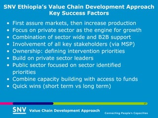 SNV Ethiopia’s Value Chain Development Approach
               Key Success Factors
• First assure markets, then increase production
• Focus on private sector as the engine for growth
• Combination of sector wide and B2B support
• Involvement of all key stakeholders (via MSP)
• Ownership: defining intervention priorities
• Build on private sector leaders
• Public sector focused on sector identified
  priorities
• Combine capacity building with access to funds
• Quick wins (short term vs long term)


                                                     17


        Value Chain Development Approach
 