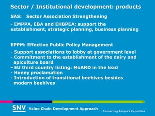 Sector / Institutional development: products
SAS:   Sector Association Strengthening
- EMPPA, EBA and EHBPEA: support the
establishment, strategic planning, business planning


EPPM: Effective Public Policy Management
- Support associations to lobby at government level
- Commitment to the establishment of the dairy and
  apiculture board
- EU third country listing: MoARD in the lead
- Honey proclamation
- Introduction of transitional beehives besides
  modern beehives



                                                       9


        Value Chain Development Approach
 