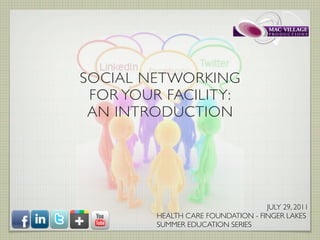 SOCIAL NETWORKING
 FOR YOUR FACILITY:
 AN INTRODUCTION




                                    JULY 29, 2011
         HEALTH CARE FOUNDATION - FINGER LAKES
         SUMMER EDUCATION SERIES
 