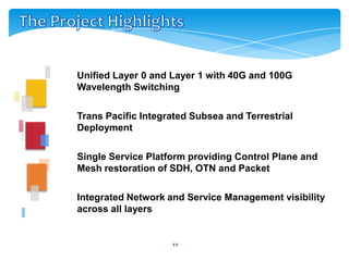   Unified Layer 0 and Layer 1 with 40G and 100G
    Wavelength Switching

   Trans Pacific Integrated Subsea and Terrestrial
    Deployment

   Single Service Platform providing Control Plane and
    Mesh restoration of SDH, OTN and Packet

   Integrated Network and Service Management visibility
    across all layers


                        •11
 