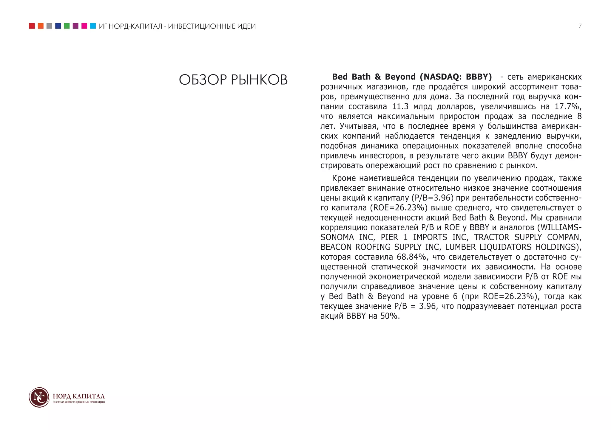 ИГ НОРД-КАПИТАЛ - ИНВЕСТИЦИОННЫЕ ИДЕИ 7
ОБЗОР РЫНКОВ Bed Bath & Beyond (NASDAQ: BBBY) - сеть американских
розничных магазинов, где продаётся широкий ассортимент това-
ров, преимущественно для дома. За последний год выручка ком-
пании составила 11.3 млрд долларов, увеличившись на 17.7%,
что является максимальным приростом продаж за последние 8
лет. Учитывая, что в последнее время у большинства американ-
ских компаний наблюдается тенденция к замедлению выручки,
подобная динамика операционных показателей вполне способна
привлечь инвесторов, в результате чего акции BBBY будут демон-
стрировать опережающий рост по сравнению с рынком.
Кроме наметившейся тенденции по увеличению продаж, также
привлекает внимание относительно низкое значение соотношения
цены акций к капиталу (P/B=3.96) при рентабельности собственно-
го капитала (ROE=26.23%) выше среднего, что свидетельствует о
текущей недооцененности акций Bed Bath & Beyond. Мы сравнили
корреляцию показателей P/B и ROE у BBBY и аналогов (WILLIAMS-
SONOMA INC, PIER 1 IMPORTS INC, TRACTOR SUPPLY COMPAN,
BEACON ROOFING SUPPLY INC, LUMBER LIQUIDATORS HOLDINGS),
которая составила 68.84%, что свидетельствует о достаточно су-
щественной статической значимости их зависимости. На основе
полученной эконометрической модели зависимости P/B от ROE мы
получили справедливое значение цены к собственному капиталу
у Bed Bath & Beyond на уровне 6 (при ROE=26.23%), тогда как
текущее значение P/B = 3.96, что подразумевает потенциал роста
акций BBBY на 50%.
 