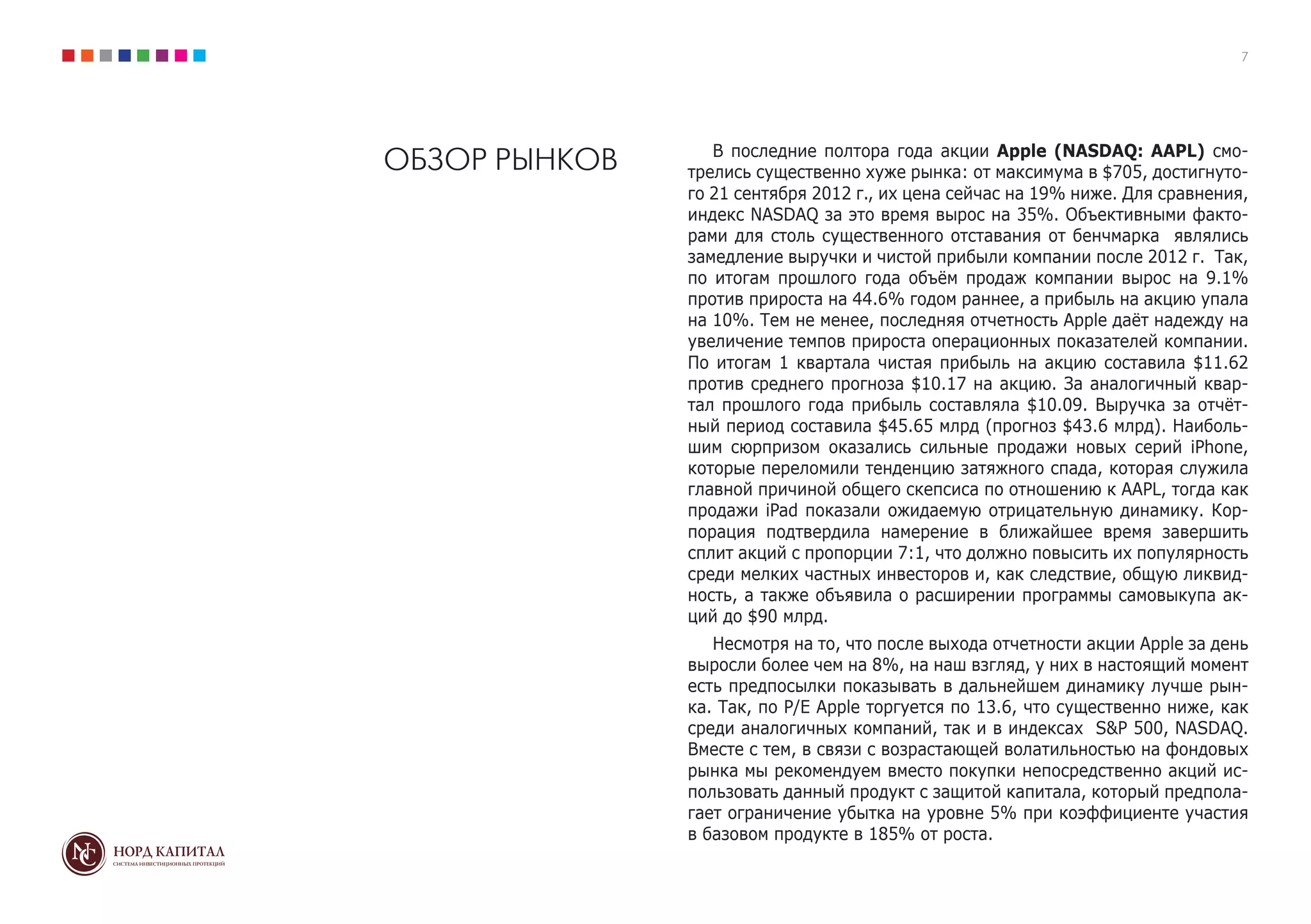 7
ОБЗОР РЫНКОВ В последние полтора года акции Apple (NASDAQ: AAPL) смо-
трелись существенно хуже рынка: от максимума в $705, достигнуто-
го 21 сентября 2012 г., их цена сейчас на 19% ниже. Для сравнения,
индекс NASDAQ за это время вырос на 35%. Объективными факто-
рами для столь существенного отставания от бенчмарка являлись
замедление выручки и чистой прибыли компании после 2012 г. Так,
по итогам прошлого года объём продаж компании вырос на 9.1%
против прироста на 44.6% годом раннее, а прибыль на акцию упала
на 10%. Тем не менее, последняя отчетность Apple даёт надежду на
увеличение темпов прироста операционных показателей компании.
По итогам 1 квартала чистая прибыль на акцию составила $11.62
против среднего прогноза $10.17 на акцию. За аналогичный квар-
тал прошлого года прибыль составляла $10.09. Выручка за отчёт-
ный период составила $45.65 млрд (прогноз $43.6 млрд). Наиболь-
шим сюрпризом оказались сильные продажи новых серий iPhone,
которые переломили тенденцию затяжного спада, которая служила
главной причиной общего скепсиса по отношению к AAPL, тогда как
продажи iPad показали ожидаемую отрицательную динамику. Кор-
порация подтвердила намерение в ближайшее время завершить
сплит акций с пропорции 7:1, что должно повысить их популярность
среди мелких частных инвесторов и, как следствие, общую ликвид-
ность, а также объявила о расширении программы самовыкупа ак-
ций до $90 млрд.
Несмотря на то, что после выхода отчетности акции Apple за день
выросли более чем на 8%, на наш взгляд, у них в настоящий момент
есть предпосылки показывать в дальнейшем динамику лучше рын-
ка. Так, по P/E Apple торгуется по 13.6, что существенно ниже, как
среди аналогичных компаний, так и в индексах S&P 500, NASDAQ.
Вместе с тем, в связи с возрастающей волатильностью на фондовых
рынка мы рекомендуем вместо покупки непосредственно акций ис-
пользовать данный продукт с защитой капитала, который предпола-
гает ограничение убытка на уровне 5% при коэффициенте участия
в базовом продукте в 185% от роста.
 