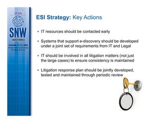ESI Strategy: Key Actions

 IT resources should be contacted early

 Systems that support e-discovery should be developed
 under a joint set of requirements from IT and Legal

 IT should be involved in all litigation matters (not just
 the large cases) to ensure consistency is maintained

 Litigation response plan should be jointly developed,
 tested and maintained through periodic review
 