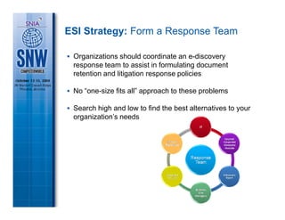 ESI Strategy: Form a Response Team

 Organizations should coordinate an e-discovery
 response team to assist in formulating document
 retention and litigation response policies

 No “one-size fits all” approach to these problems

 Search high and low to find the best alternatives to your
 organization’s needs
 