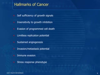 Hallmarks of Cancer Self sufficiency of growth signals Insensitivity to growth inhibition Evasion of programmed cell death Limitless replication potential Sustained angiogenesis Invasion/metastasis potential Immune evasion Stress response phenotype ©2011 RALPH SNYDERMAN 