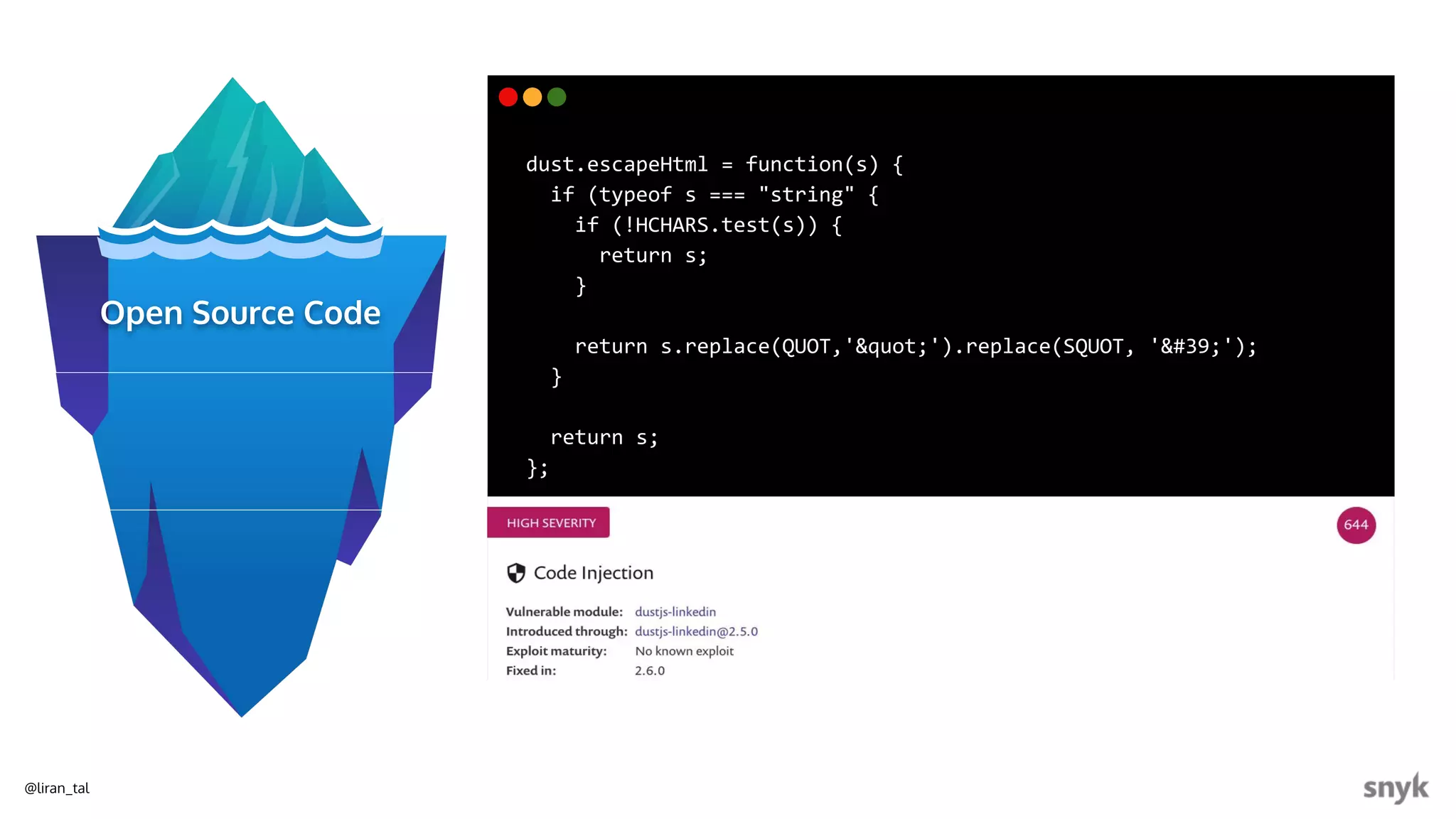 @liran_tal
Open Source Code
dust.escapeHtml = function(s) {
if (typeof s === "string" {
if (!HCHARS.test(s)) {
return s;
}
return s.replace(QUOT,'&quot;').replace(SQUOT, '&#39;');
}
return s;
};
 