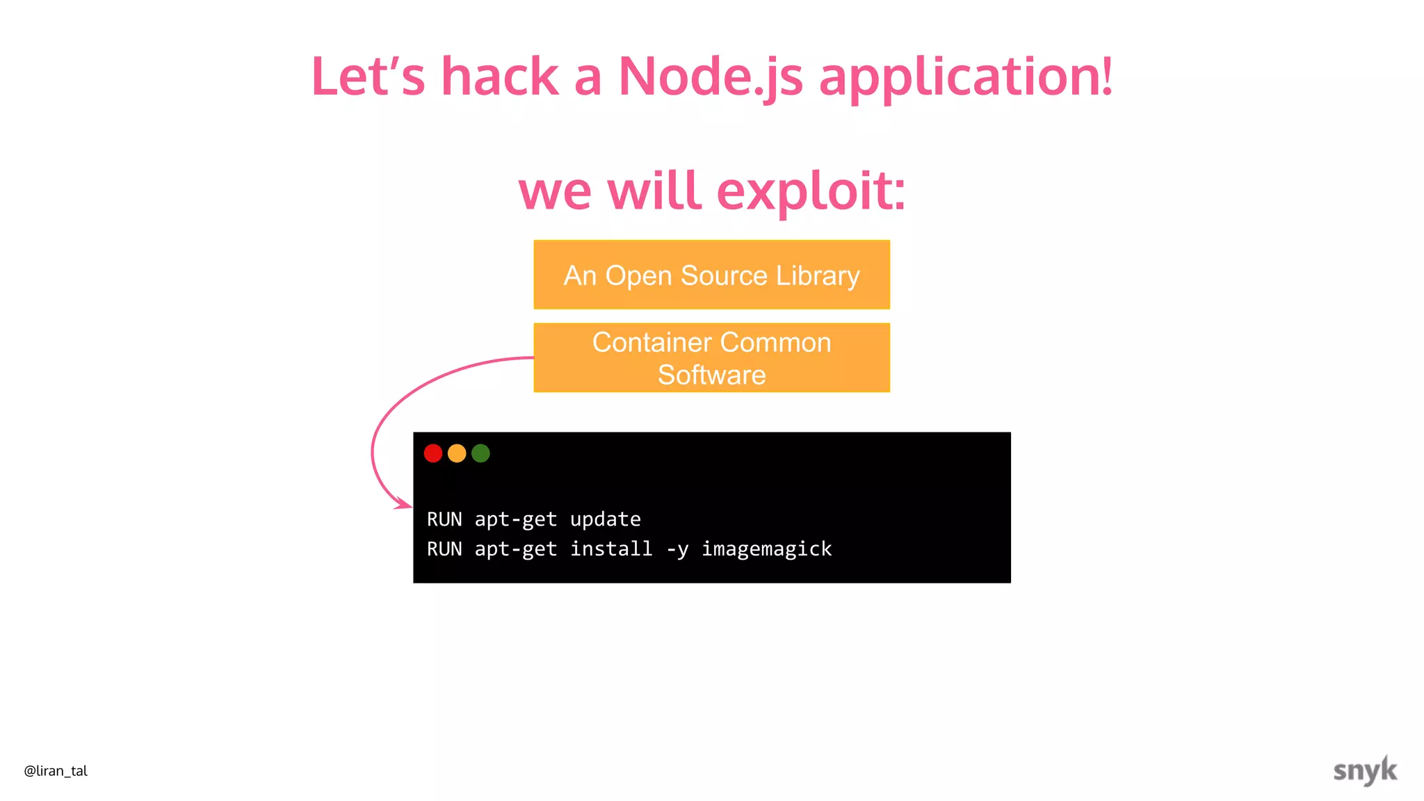 @liran_tal
Container Common
Software
RUN apt-get update
RUN apt-get install -y imagemagick
we will exploit:
An Open Source Library
Let’s hack a Node.js application!
 