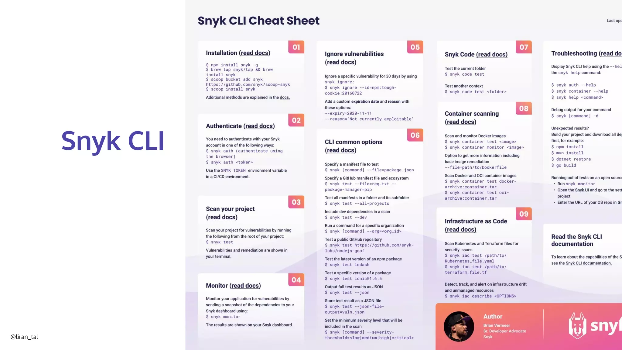 @liran_tal
Filters the noise, “take home” with --json
Agnostic
Snyk CLI Use it as a linter
Tip: can run code and container scans too
Tip: can scan many ecosystem manifests
Tip: ad-hoc scan an npm package@version
 