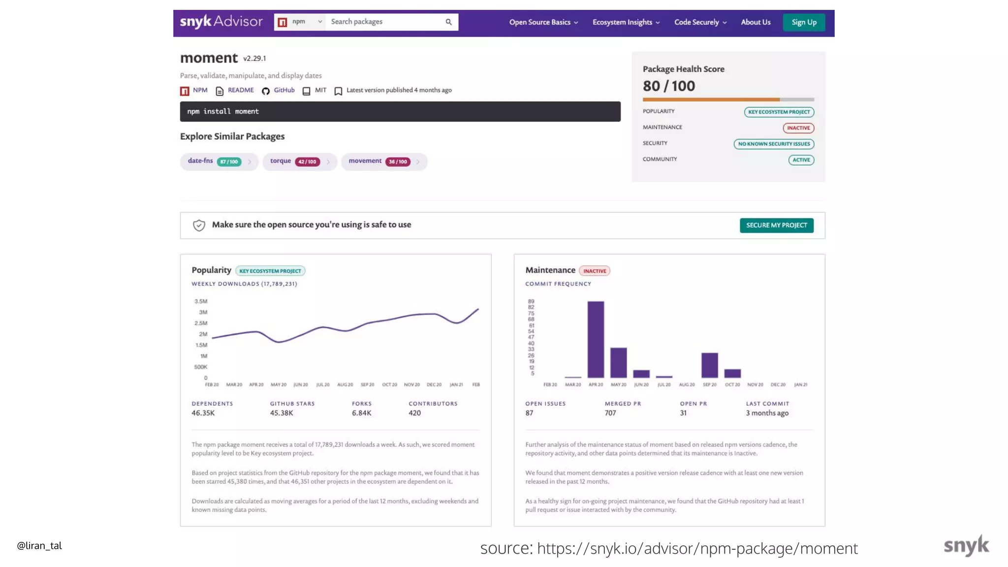 @liran_tal source: https://snyk.io/advisor/npm-package/moment
 