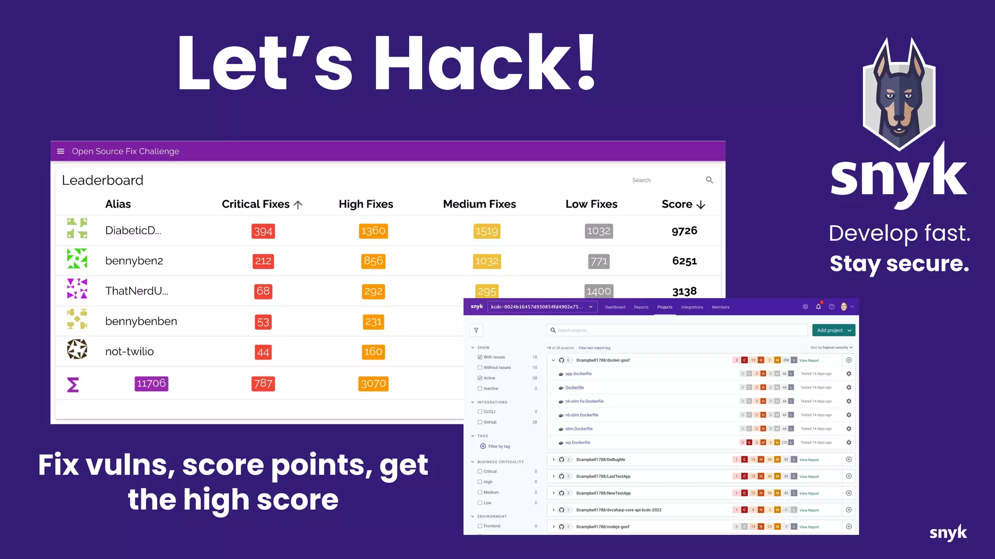 Let’s Hack!
Develop fast.
Stay secure.
Fix vulns, score points, get
the high score
 