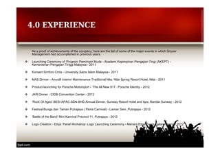 4.0 EXPERIENCE 
As a proof of achievements of the company, here are the list of some of the major events in which Snyzer 
Management had accomplished in previous years. 
 Launching Ceremony of ‘Program Pemimpin Muda - Akademi Kepimpinan Pengajian Tingi (AKEPT) - 
Kementerian Pengajian Tinggi Malaysia - 2011 
 Konsert Simfoni Cinta - University Sains Islam Malaysia - 2011 
 MAS Dinner - Aircraft Interior Maintenance Traditional Nite, Nilai Spring Resort Hotel, Nilai - 2011 
 Product launching for Porsche Motorsport - ‘The All New 911’. Porsche Identity - 2012 
 JKR Dinner - CIDB Convention Center - 2012 
 ‘Rock Of Ages’ BESI APAC SDN BHD Annual Dinner, Sunway Resort Hotel and Spa, Bandar Sunway - 2012 
 Festival Bunga dan Taman Putrajaya ( Floria Carnival) - Laman Seni, Putrajaya - 2012 
 ‘Battle of the Band’ Mini Karnival Precinct 11, Putrajaya - 2012 
 Logo Creation - Etiqa ‘Panel Workshop’ Logo Launching Ceremony - Menara Etiqa Twins, Jalan Pinang - 2012 
 