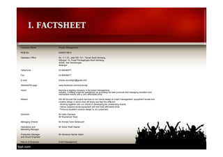 I. FACTSHEET 
Company Name Snyzer Management 
ROB No. 002007198-A 
Operation Office No. C-1-23, Jalan BS 14/1, Taman Bukit Serdang, 
　　Seksyen 14, Pusat Perdagangan Bukit Serdang, 
　　43300, Seri Kembangan 
　　Selangor 
Telephone 03-89406977 
Fax 03-89406977 
E-mail snyzer.soundlight@gmail.com 
Website/FB page www.facebook.com/snyzermgt 
Vision Become a leading company in the event management 
industry. Fulfilling customer satisfaction by providing the best products and managing excellent and 
memorable events with a very affordable price. 
Mission We will provide the superb services to our clients based on event management, equipment rentals and 
creative design in which they will enjoy and feel the different. 
　　- Working together with our clients in developing the outstanding events. 
　　- Deliver superior rental equipment with the most affordable price 
　　- Produce excellent creative design to our customers 
Directors Mr Hafiz Darmawi 
　　Mr Rosnisham Rasli 
Managing Director Mr Ahmad Farid Sailanudin 
Operations and Mr Azhar Shafi Hasran 
Marketing Manager 
Production Manager Mr Akmarani Kamar Adam 
and Sound Engineer 
Nature of Business Event Management 
 
