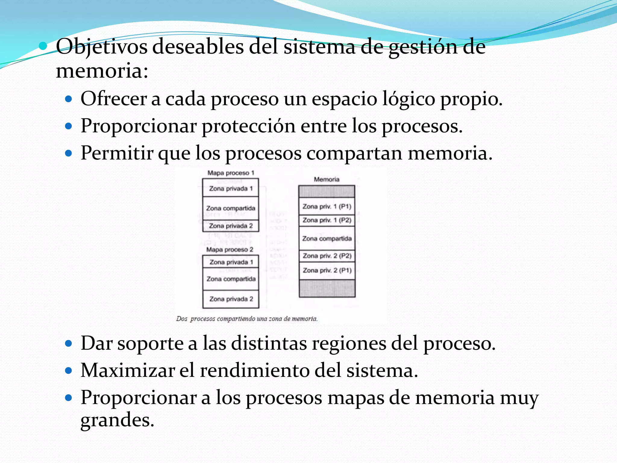 Objetivos deseables del sistema de gestión de
 memoria:
   Ofrecer a cada proceso un espacio lógico propio.
   Proporcionar protección entre los procesos.
   Permitir que los procesos compartan memoria.




   Dar soporte a las distintas regiones del proceso.
   Maximizar el rendimiento del sistema.
   Proporcionar a los procesos mapas de memoria muy
    grandes.
 