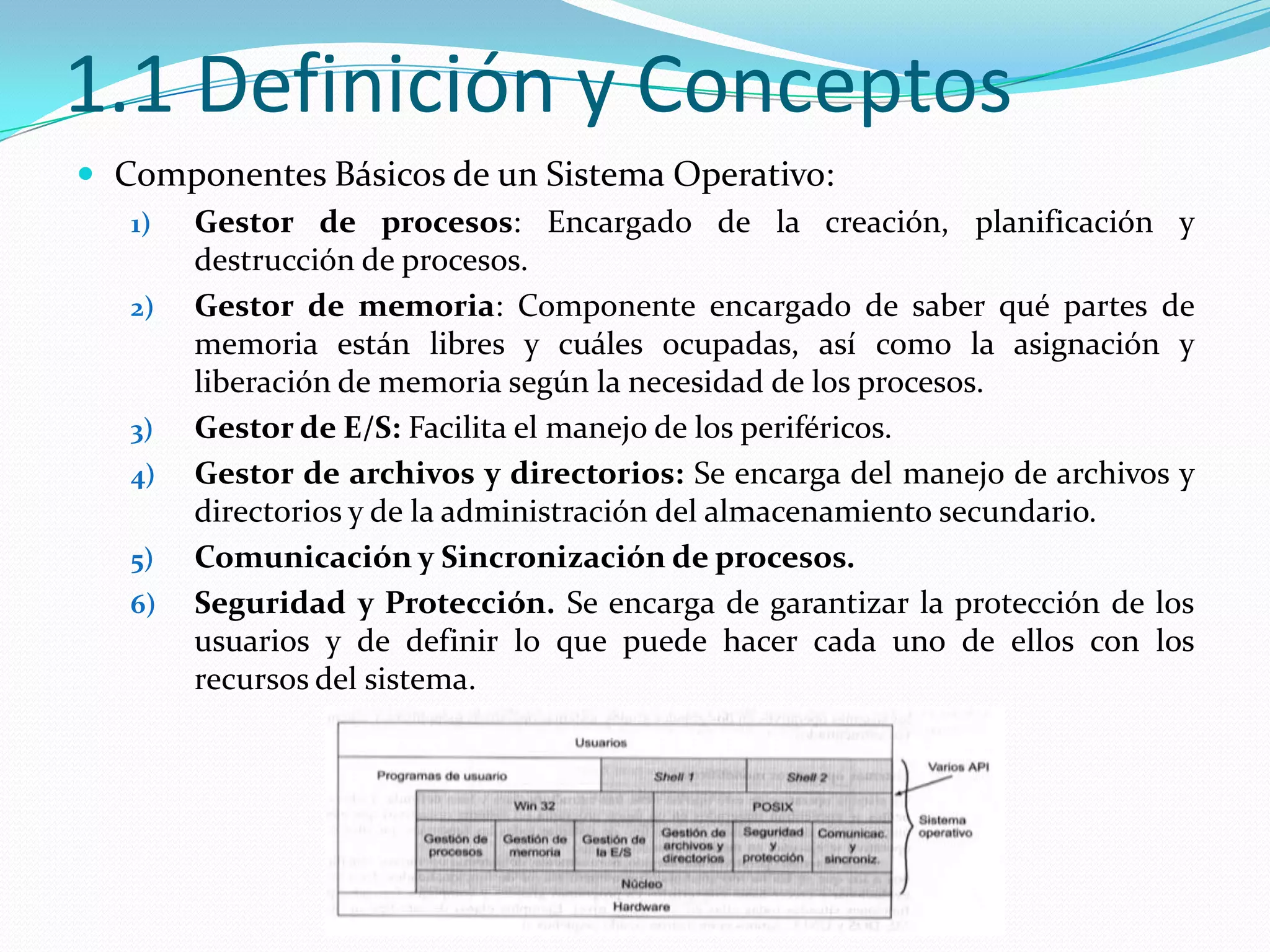 1.1 Definición y Conceptos
 Componentes Básicos de un Sistema Operativo:
   1)   Gestor de procesos: Encargado de la creación, planificación y
        destrucción de procesos.
   2)   Gestor de memoria: Componente encargado de saber qué partes de
        memoria están libres y cuáles ocupadas, así como la asignación y
        liberación de memoria según la necesidad de los procesos.
   3)   Gestor de E/S: Facilita el manejo de los periféricos.
   4)   Gestor de archivos y directorios: Se encarga del manejo de archivos y
        directorios y de la administración del almacenamiento secundario.
   5)   Comunicación y Sincronización de procesos.
   6)   Seguridad y Protección. Se encarga de garantizar la protección de los
        usuarios y de definir lo que puede hacer cada uno de ellos con los
        recursos del sistema.
 