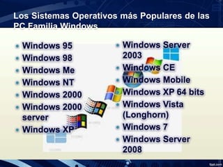 Los Sistemas Operativos más Populares de las
PC Familia Windows
 Windows 95
 Windows 98
 Windows Me
 Windows NT
 Windows 2000
 Windows 2000
server
 Windows XP
 Windows Server
2003
 Windows CE
 Windows Mobile
 Windows XP 64 bits
 Windows Vista
(Longhorn)
 Windows 7
 Windows Server
2008
 