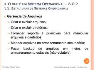 13
Profº. Esp. Adeíldo Telles Sistema Operacional: conceitos e fundamentos
 Gerência de Arquivos
 Criar e excluir arquivos;
 Criar e excluir diretórios;
 Fornecer suporte a primitivas para manipular
arquivos e diretórios;
 Mapear arquivos no armazenamento secundário;
 Fazer backup de arquivos em meios de
armazenamento estáveis (não-voláteis).
3. O QUE É UM SISTEMA OPERACIONAL – S.O.?
3.2. ESTRUTURAS DE SISTEMAS OPERACIONAIS
 