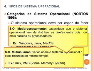 17
Profº. Esp. Adeíldo Telles Sistema Operacional: conceitos e fundamentos
 Categorias de Sistema Operacional (NORTON
1996):
 O sistema operacional deve ser capaz de fazer
mais de uma coisa ao mesmo tempo?
 O sistema operacional deve funcionar com apenas
um usuário, ou deve aceitar vários usuários
simultaneamente?
 O sistema operacional deve ser capaz de usar
mais de uma CPU?
4. TIPOS DE SISTEMA OPERACIONAL
S.O. Multitarefas: possibilidade de executar várias
tarefas “ao mesmo tempo”.
• Cooperativa e Preemptiva.
• Ex.: Windows, Linux, MacOS.
S.O. Mutiusuários: vários usam o Sistema Operacional e
seus recursos ao mesmo tempo.
• Ex.: Unix, VMS (Virtual Memory System).
S.O. Mutiprocessamento: capacidade que o sistema
operacional tem de distribuir as tarefas entre dois ou
mais núcleos ou processadores.
• Ex.: Windows, Linux, MacOS.
 