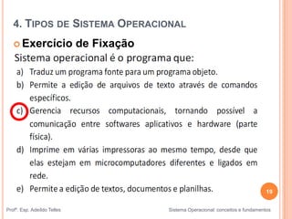 19
Profº. Esp. Adeíldo Telles Sistema Operacional: conceitos e fundamentos
 Exercício de Fixação
4. TIPOS DE SISTEMA OPERACIONAL
 