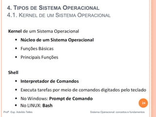 Profº. Esp. Adeíldo Telles Sistema Operacional: conceitos e fundamentos
24
4. TIPOS DE SISTEMA OPERACIONAL
4.1. KERNEL DE UM SISTEMA OPERACIONAL
 