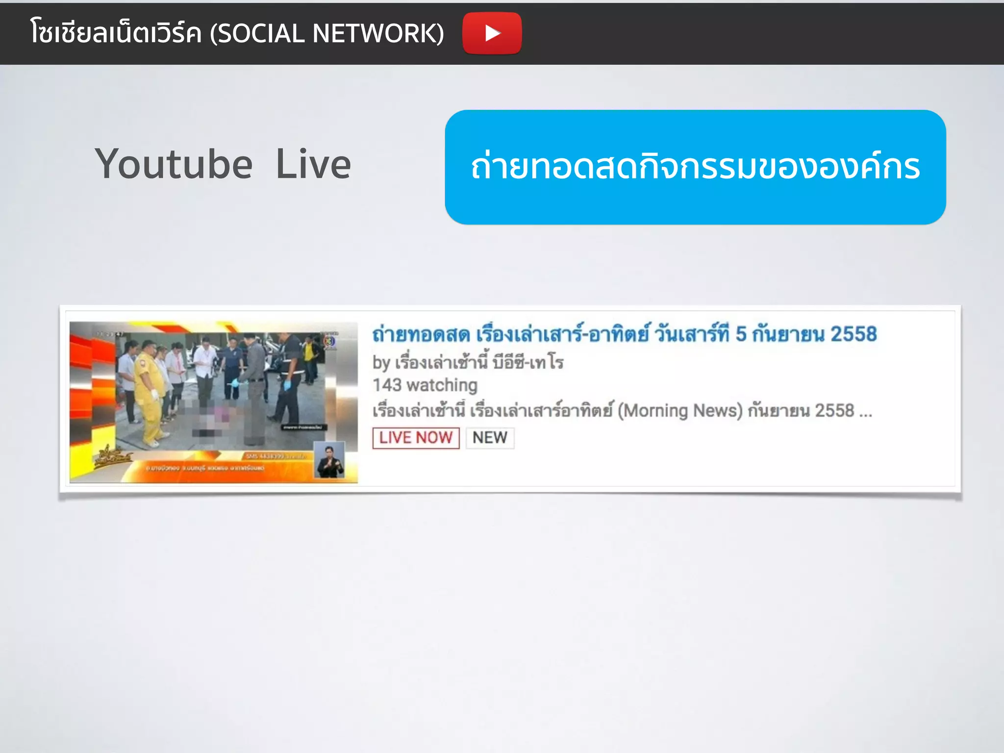 โซเชียลเน็ตเวิร์ค (SOCIAL NETWORK)
ถ่ายทอดสดกิจกรรมขององค์กรYoutube Live
 