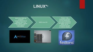 LINUX**
2003 Linux 2.6
Fedora 6 de
noviembre de 2003
es una distribución
Linux para propósitos
generales basada en
RPM, que se
caracteriza por ser
un sistema estable,
Arch Linux 2002 Se
compone
fundamentalmente de
software libre y de
código abierto, y apoya
la participación
comunitaria.
 
