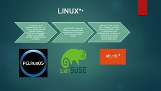 LINUX**
OPENSUSE enero de
2004 es una comunidad
mundial que promueve el
uso de Linux en todas
partes
UBUNTU 8 de julio de
2004 Sistema operativo
basado en Debian y que
se distribuye como
software libre y gratuito, el
cual incluye su propio
entorno de escritorio
denominado Unity.
PCLinuxOS 2003
abreviada como PCLOS,
es una distribución del
sistema operativo
GNU/Linux, enfocada a
ofrecer una interfaz
sencilla y elegante para
el usuario.
 