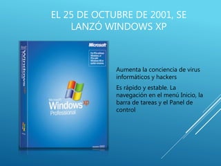 EL 25 DE OCTUBRE DE 2001, SE
LANZÓ WINDOWS XP
Aumenta la conciencia de virus
informáticos y hackers
Es rápido y estable. La
navegación en el menú Inicio, la
barra de tareas y el Panel de
control
 