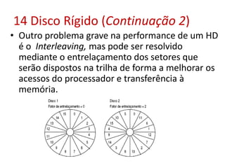 14 Disco Rígido (Continuação 2)
• Outro problema grave na performance de um HD
é o Interleaving, mas pode ser resolvido
mediante o entrelaçamento dos setores que
serão dispostos na trilha de forma a melhorar os
acessos do processador e transferência à
memória.
 