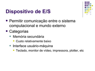 Dispositivo de E/S Permitir comunicação entre o sistema computacional e mundo externo Categorias Memória secundária Custo relativamente baixo Interface usuário-máquina Teclado, monitor de vídeo, impressora, plotter, etc 