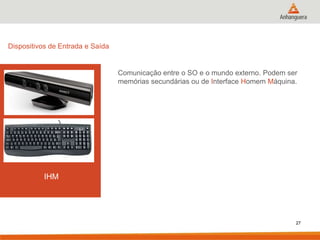 Dispositivos de Entrada e Saída

Comunicação entre o SO e o mundo externo. Podem ser
memórias secundárias ou de Interface Homem Máquina.

IHM

27

 