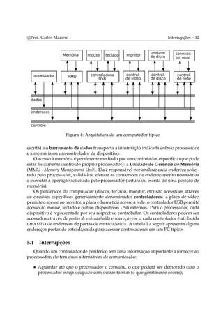 c Prof. Carlos Maziero Interrupções – 12 
Figura 4: Arquitetura de um computador típico 
escrita) e o barramento de dados transporta a informação indicada entre o processador 
e a memória ou um controlador de dispositivo. 
O acesso à memória é geralmente mediado por um controlador específico (que pode 
estar fisicamente dentro do próprio processador): a Unidade de Gerência de Memória 
(MMU - Memory Management Unit). Ela é responsável por analisar cada endereço solici-tado 
pelo processador, validá-los, efetuar as conversões de endereçamento necessárias 
e executar a operação solicitada pelo processador (leitura ou escrita de uma posição de 
memória). 
Os periféricos do computador (discos, teclado, monitor, etc) são acessados através 
de circuitos específicos genericamente denominados controladores: a placa de vídeo 
permite o acesso aomonitor, a placa ethernet dá acesso à rede, o controladorUSB permite 
acesso ao mouse, teclado e outros dispositivos USB externos. Para o processador, cada 
dispositivo é representado por seu respectivo controlador. Os controladores podem ser 
acessados através de portas de entrada/saída endereçáveis: a cada controlador é atribuída 
uma faixa de endereços de portas de entrada/saída. A tabela 1 a seguir apresenta alguns 
endereços portas de entrada/saída para acessar controladores em um PC típico: 
5.1 Interrupções 
Quando um controlador de periférico tem uma informação importante a fornecer ao 
processador, ele tem duas alternativas de comunicação: 
• Aguardar até que o processador o consulte, o que poderá ser demorado caso o 
processador esteja ocupado com outras tarefas (o que geralmente ocorre); 
 