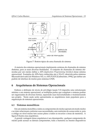 c Prof. Carlos Maziero Arquiteturas de Sistemas Operacionais – 19 
Figura 7: Roteiro típico de uma chamada de sistema 
A maioria dos sistemas operacionais implementa centenas de chamadas de sistema 
distintas, para as mais diversas finalidades. O conjunto de chamadas de sistema ofe-recidas 
por um núcleo define a API (Application Programming Interface) desse sistema 
operacional. Exemplos de APIs bem conhecidas são a Win32, oferecida pelos sistemas 
Microsoft derivados doWindows NT, e a API POSIX [Gallmeister, 1994], que define um 
padrão de interface de núcleo para sistemas UNIX. 
6 Arquiteturas de Sistemas Operacionais 
Embora a definição de níveis de privilégio (seção 5.3) imponha uma estruturação 
mínima a um sistema operacional, as múltiplas partes que compõem o sistema podem 
ser organizadas de diversas formas, separando suas funcionalidades e modularizando 
seu projeto. Nesta seção serão apresentadas as arquiteturas mais populares para a 
organização de sistemas operacionais. 
6.1 Sistemas monolíticos 
Emumsistemamonolítico, todos os componentes do núcleo operamemmodo núcleo 
e se inter-relacionamconforme suas necessidades, semrestrições de acesso entre si, pois 
o código no nível núcleo tem acesso pleno a todos os recursos e áreas de memória. A 
figura 8 ilustra essa arquitetura. 
A grande vantagem dessa arquitetura é seu desempenho: qualquer componente do 
núcleo pode acessar os demais componentes, toda a memória ou mesmo dispositivos 
 