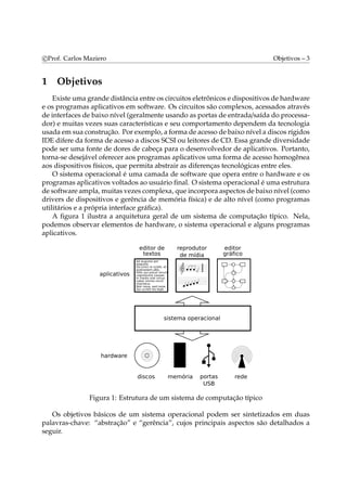 c Prof. Carlos Maziero Objetivos – 3 
1 Objetivos 
Existe uma grande distância entre os circuitos eletrônicos e dispositivos de hardware 
e os programas aplicativos em software. Os circuitos são complexos, acessados através 
de interfaces de baixo nível (geralmente usando as portas de entrada/saída do processa-dor) 
e muitas vezes suas características e seu comportamento dependem da tecnologia 
usada emsua construção. Por exemplo, a forma de acesso de baixo nível a discos rígidos 
IDE difere da forma de acesso a discos SCSI ou leitores de CD. Essa grande diversidade 
pode ser uma fonte de dores de cabeça para o desenvolvedor de aplicativos. Portanto, 
torna-se desejável oferecer aos programas aplicativos uma forma de acesso homogênea 
aos dispositivos físicos, que permita abstrair as diferenças tecnológicas entre eles. 
O sistema operacional é uma camada de software que opera entre o hardware e os 
programas aplicativos voltados ao usuário final. O sistema operacional é uma estrutura 
de software ampla,muitas vezes complexa, que incorpora aspectos de baixo nível (como 
drivers de dispositivos e gerência de memória física) e de alto nível (como programas 
utilitários e a própria interface gráfica). 
A figura 1 ilustra a arquitetura geral de um sistema de computação típico. Nela, 
podemos observar elementos de hardware, o sistema operacional e alguns programas 
aplicativos. 
Figura 1: Estrutura de um sistema de computação típico 
Os objetivos básicos de um sistema operacional podem ser sintetizados em duas 
palavras-chave: “abstração” e “gerência”, cujos principais aspectos são detalhados a 
seguir. 
 