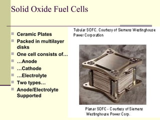Solid Oxide Fuel Cells
Ceramic Plates
Packed in multilayer
disks
One cell consists of….
…Anode
…Cathode
…Electrolyte
Two types…
Anode/Electrolyte
Supported